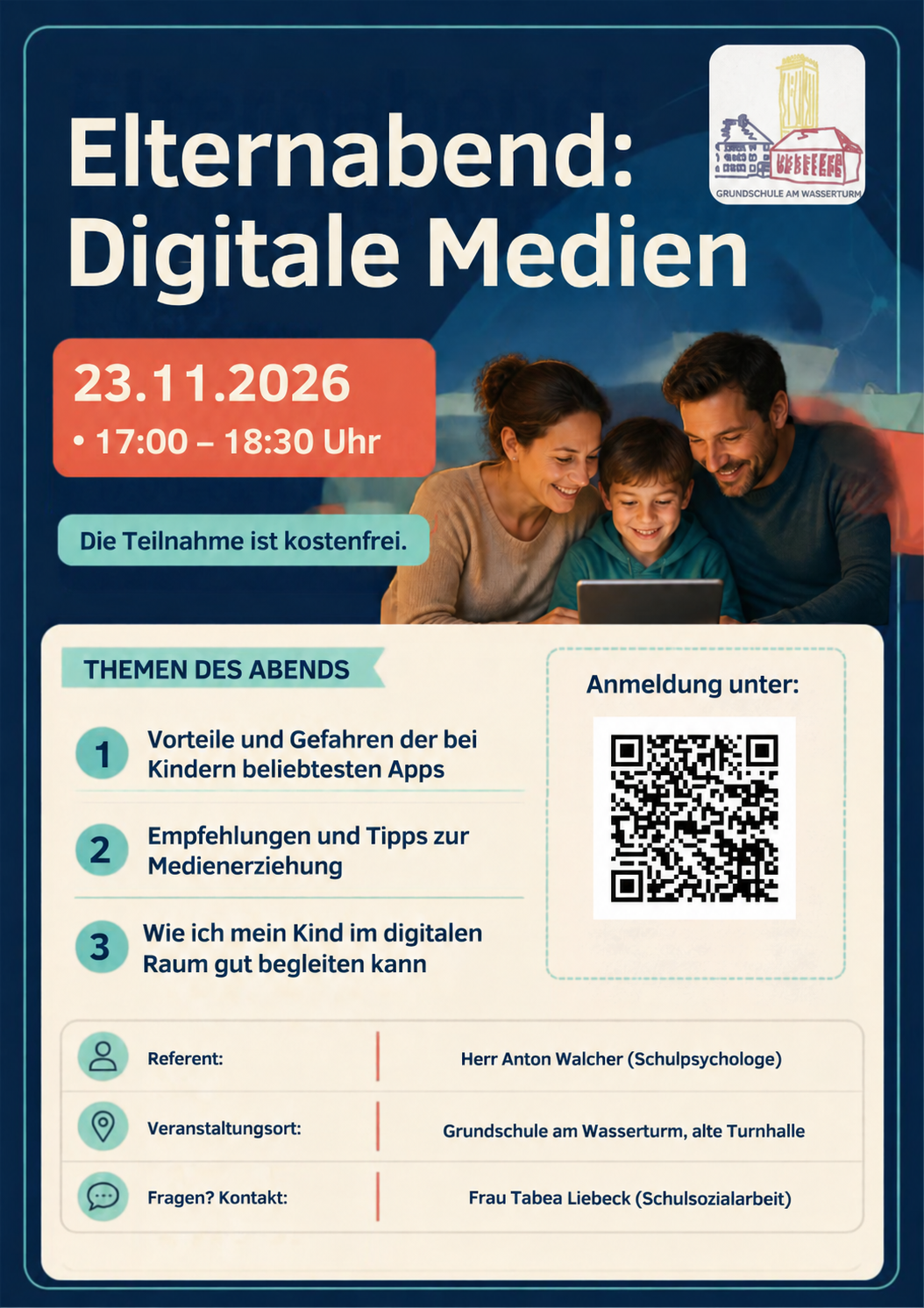 Elternabend Digitale Medien am 23.11.2026, 17:00–18:30 Uhr. Zur Anmeldung hier klicken.